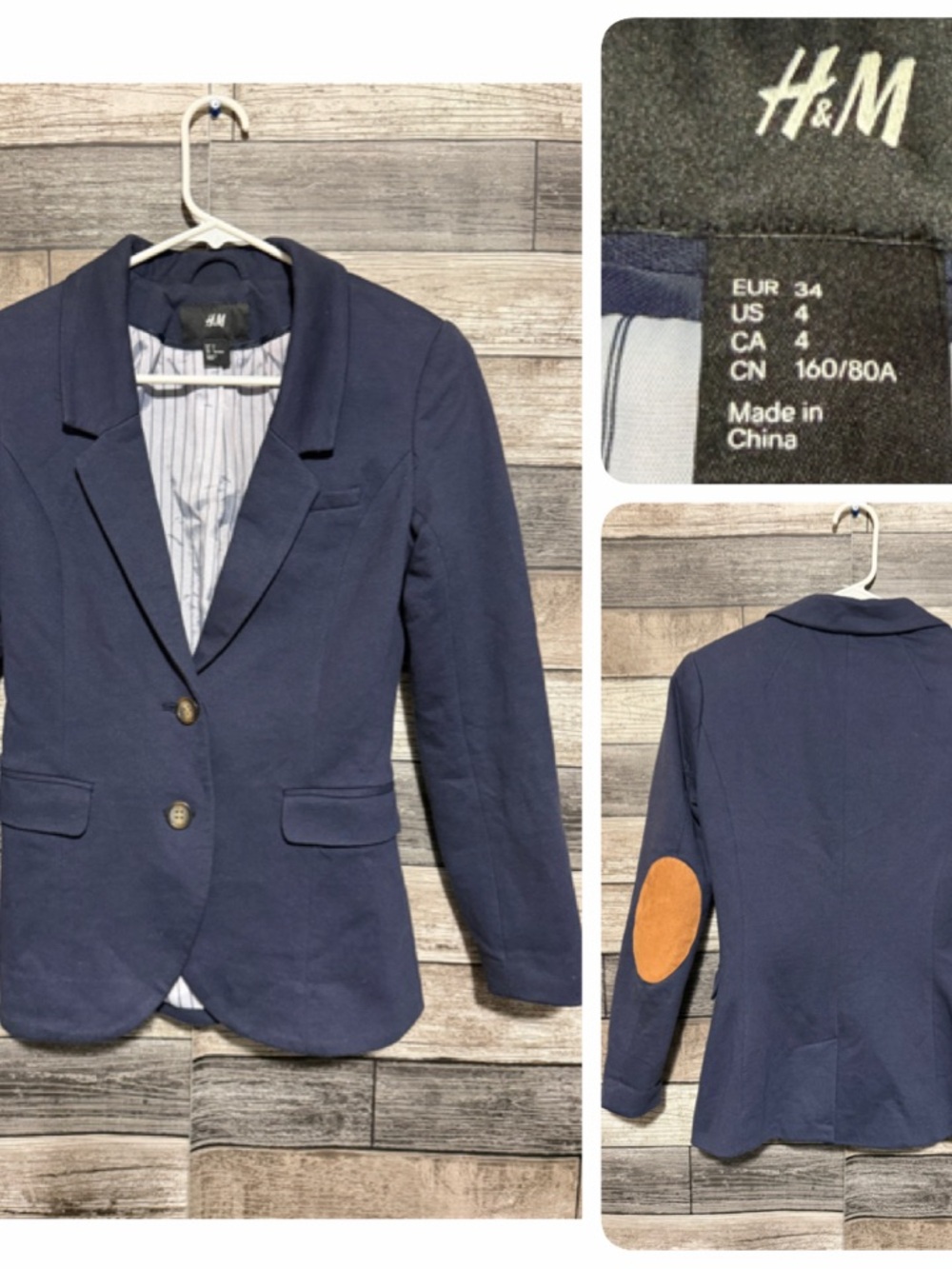 H&M Elbow Patch Blazer Jacket Women’s 4 Blue Brown Cotton Blend